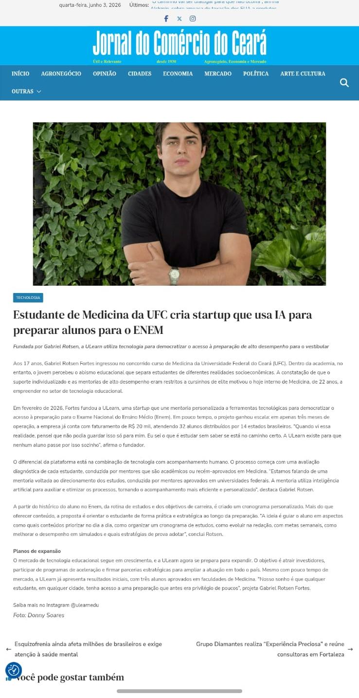 Reportagem sobre ULearn no Jornal do Comércio do Ceará